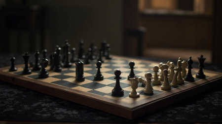 Dramatic chess board scene lit by ethereal beams, chess pieces appearing to float on a checkered board in a moody atmosphere.の素材