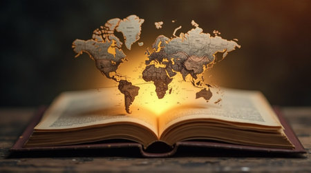 A vintage-style world map hovers above the pages of an open antique book, glowing with an ethereal light.の素材
