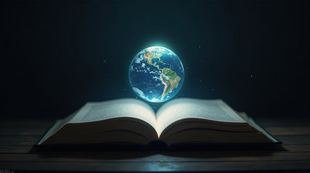 Glowing Earth floating above an open book symbolizing knowledge, learning, and global ideasの素材