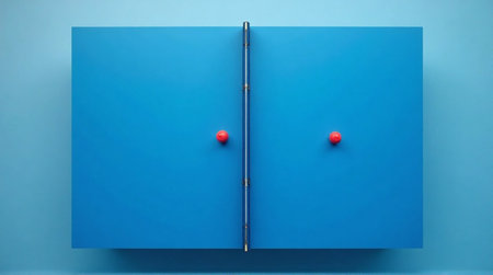 Creative blue abstract backdrop with dynamic geometric shapes and vibrant red spheres for modern design projectsの素材