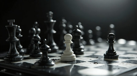 Strategy is key with black and white chess pieces shown on a board game representing competitive challengesの素材