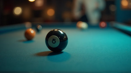 Intimate billiards game with focus on the five ball ready for the next play in the local pool hallの素材