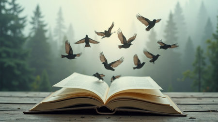 An open book rests on a rustic wooden table, with birds in flight appearing to emerge from or be drawn towards the pages.の素材