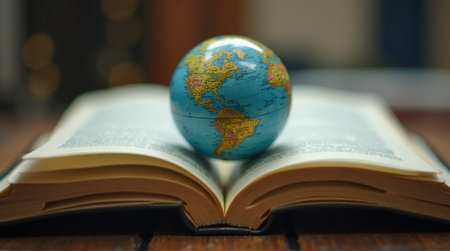 Globe resting on open book representing knowledge, education, travel, and global connection conceptsの素材