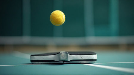 Dynamic tennis ball action over paddle for sports equipment advertising or vibrant active lifestyle promotionsの素材
