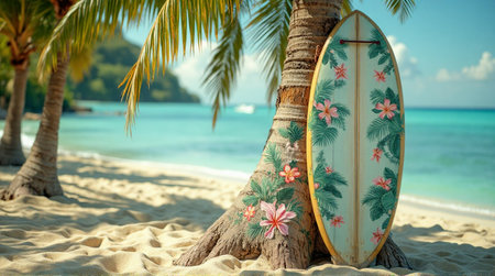 Vibrant tropical beach paradise with surfboard leaning against a palm treeの素材