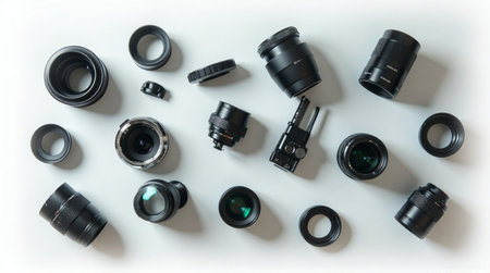 High-angle, flat lay image showcasing a collection of various black camera lenses and accessories, including lens caps, mounted on a bright white surface.の素材