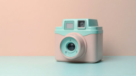 Adorable toy camera in pastel shades of pink and mint green evokes nostalgia and childhood memories, adding a touch of retro charm.の素材