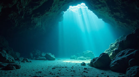 Mystical underwater cave bathed in ethereal sunbeams, revealing hidden depths and serene beauty.の素材