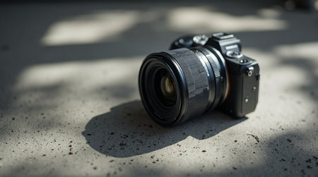 Modern digital camera resting on a neutral surface, ready for capturing stunning memories and creative artistic compositions.の素材