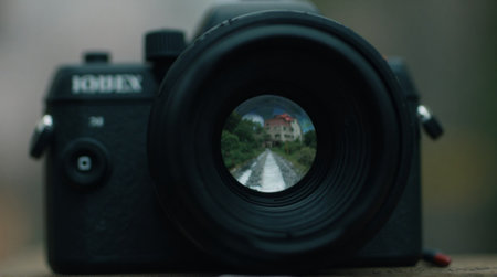 IOBDEX camera lens reflecting a scenic pathway leading towards a building, offering an artistic photographic vision.の素材