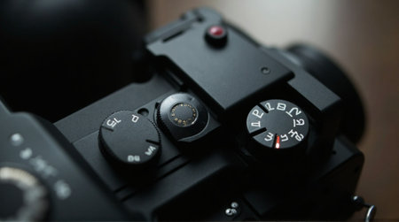 Black camera display controls shows the settings dial and other controls in a close up with a shallow depth of field.の素材