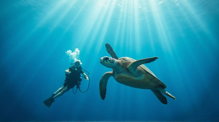 A scuba diver gracefully interacts with a sea turtle in a vibrant underwater scene.の素材