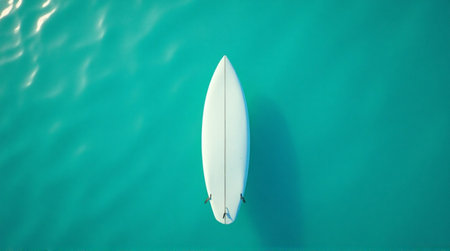 Serene white surfboard floats on crystal clear turquoise ocean water, capturing the essence of summer adventureの素材