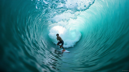 Thrilling surfer rides inside a crystal clear ocean wave barrel on a sunny dayの素材