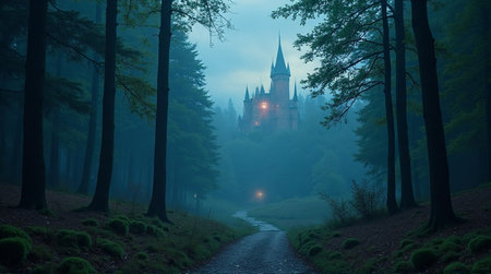 Enchanted castle beckons through misty forest, inviting fairy tales and fantasy adventures for storytellersの素材