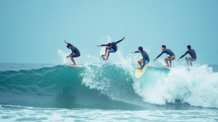 Dynamic surfer masters powerful ocean wave showcasing skill and agility in stunning sequenceの素材