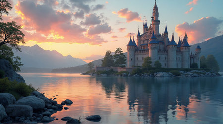 Majestic fairytale castle reflecting in calm lake waters under a breathtaking sunset sky so dreamyの素材