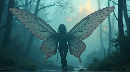 Enchanting fairy with delicate wings walks toward a distant castle in a mystical forest at twilightの素材
