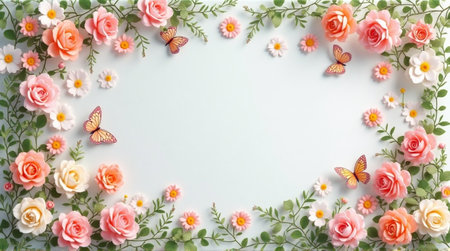 Delicate pink roses and daisies with fluttering butterflies create a charming floral borderの素材