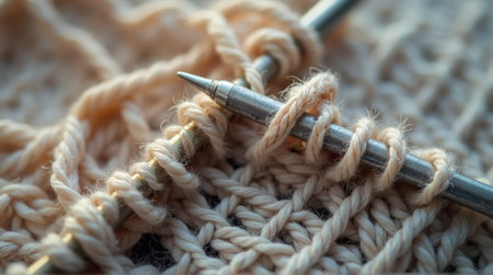 Knitting in progress showcasing beige yarn and metal needles creating a beautiful texture and pattern for textile craftの素材