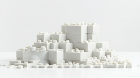 Building block tower constructed from white bricks showcases creativity and minimalist design on a seamless background.の素材