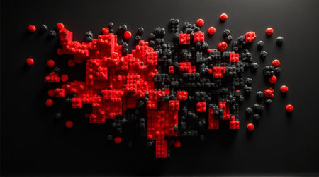 Bold abstract render displays red blocks contrasting against dark blocks on a sleek black surface for dynamic compositions.の素材