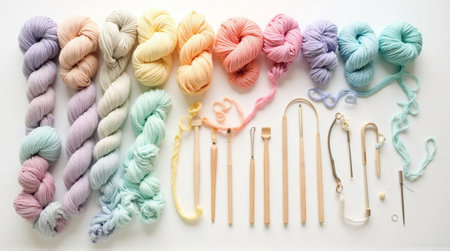 Pastel yarn skeins and crafting tools arranged on white beckon creatives for needlework and fiber arts projects.の素材