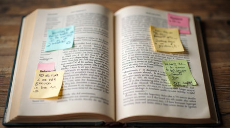 Dive into knowledge with an open book adorned with notes, ready for study and learningの素材