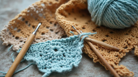 Close up shows crochet project with blue yarn and wooden crochet hooks on a beige and brown crocheted blanket.の素材