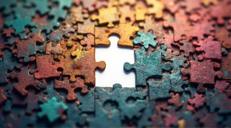 Colorful puzzle pieces with an empty space suggests missing connection, solutions, challenges, or finding the right fit.の素材