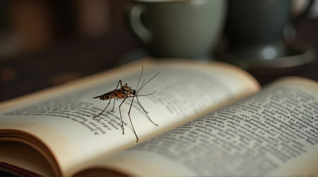 Crane fly resting on the pages of an open book with a cup in the background, creating a vintage feelの素材