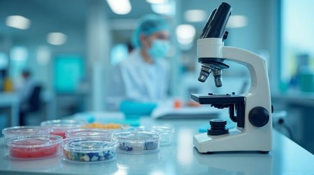 A modern laboratory setting featuring a scientist using a microscope, with petri dishes containing various samples on a clean, white lab table.の素材