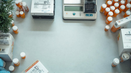 Overhead view of pharmacy equipment, including a digital scale and a pill counting machine, surrounded by various containers of orange pills.の素材
