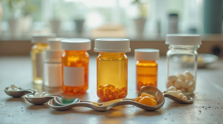 Discover natural wellness remedies with holistic supplements and vitamins in clear and amber bottlesの素材