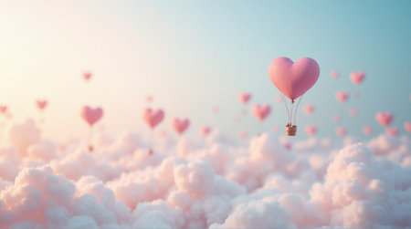 Dreamy pink heart balloons float serenely above soft clouds at sunrise, evoking romance and travel.の素材