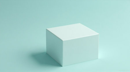 Modern minimalist cube against a pastel blue background ready for product placement or branding mockupsの素材