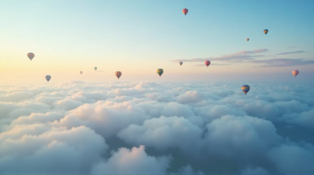 Vibrant hot air balloons soar gracefully above a sea of soft clouds at sunrise, inspiring adventure and freedom.の素材