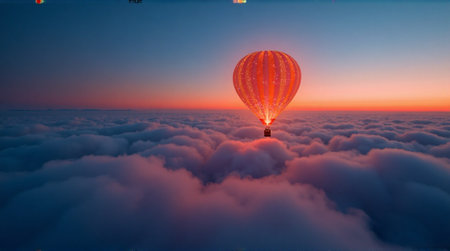A breathtaking view from above, showcasing a vibrant orange hot air balloon floating amidst a vast expanse of fluffy clouds at sunrise or sunset.の素材