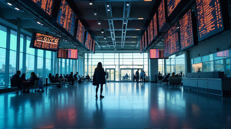 Travelers await departures in a bustling modern airport concourse with departure boards displaying flight informationの素材