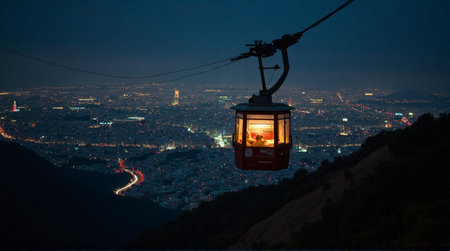 Captivating cable car glides over sparkling city lights at twilight, offering breathtaking panoramic viewsの素材