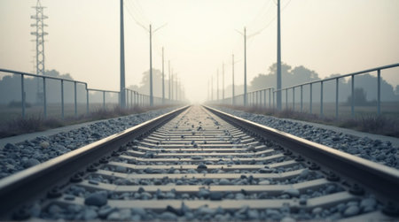 Journey into the distance on misty, empty railway tracks leading to an unknown horizon.の素材