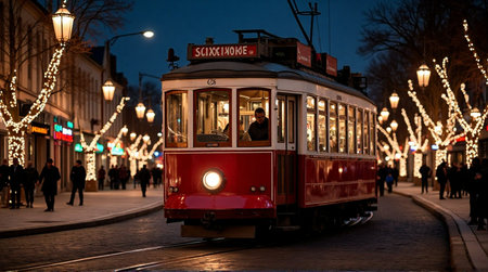 Vintage tram glides through festive city street illuminated by warm Christmas lights at duskの素材