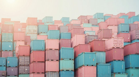 A full outdoor shot of many shipping containers stacked high, in pastel shades of pink, blue, and gray.の素材