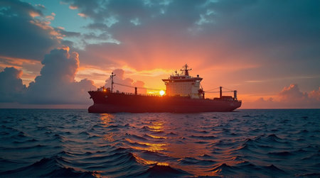 Majestic cargo ship sails across calm ocean waves at breathtaking sunset, illuminating the seaの素材