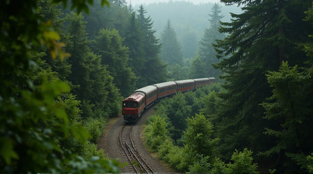 Vintage train winds through lush green misty forest, evoking nostalgic travel and adventureの素材
