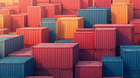 A high-angle, close-up view of numerous shipping containers of various shades of red, blue, and orange stacked densely together at a port.の素材