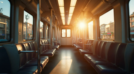 Catch the morning commute on a bright train with views of the city passing by through the windowsの素材