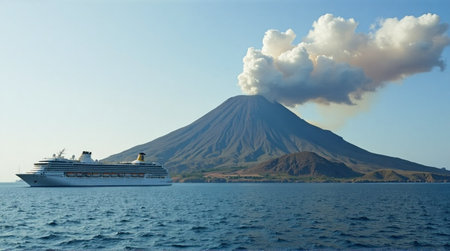 Majestic cruise ship sails past an active volcano spewing smoke under a clear blue skyの素材