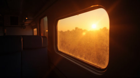 Experience the golden hour from a train window reflecting travel memories and serene momentsの素材